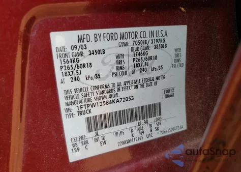 2004 Ford F150 Supercrew из США, поврежденный, VIN 1FTPW12584KA72053